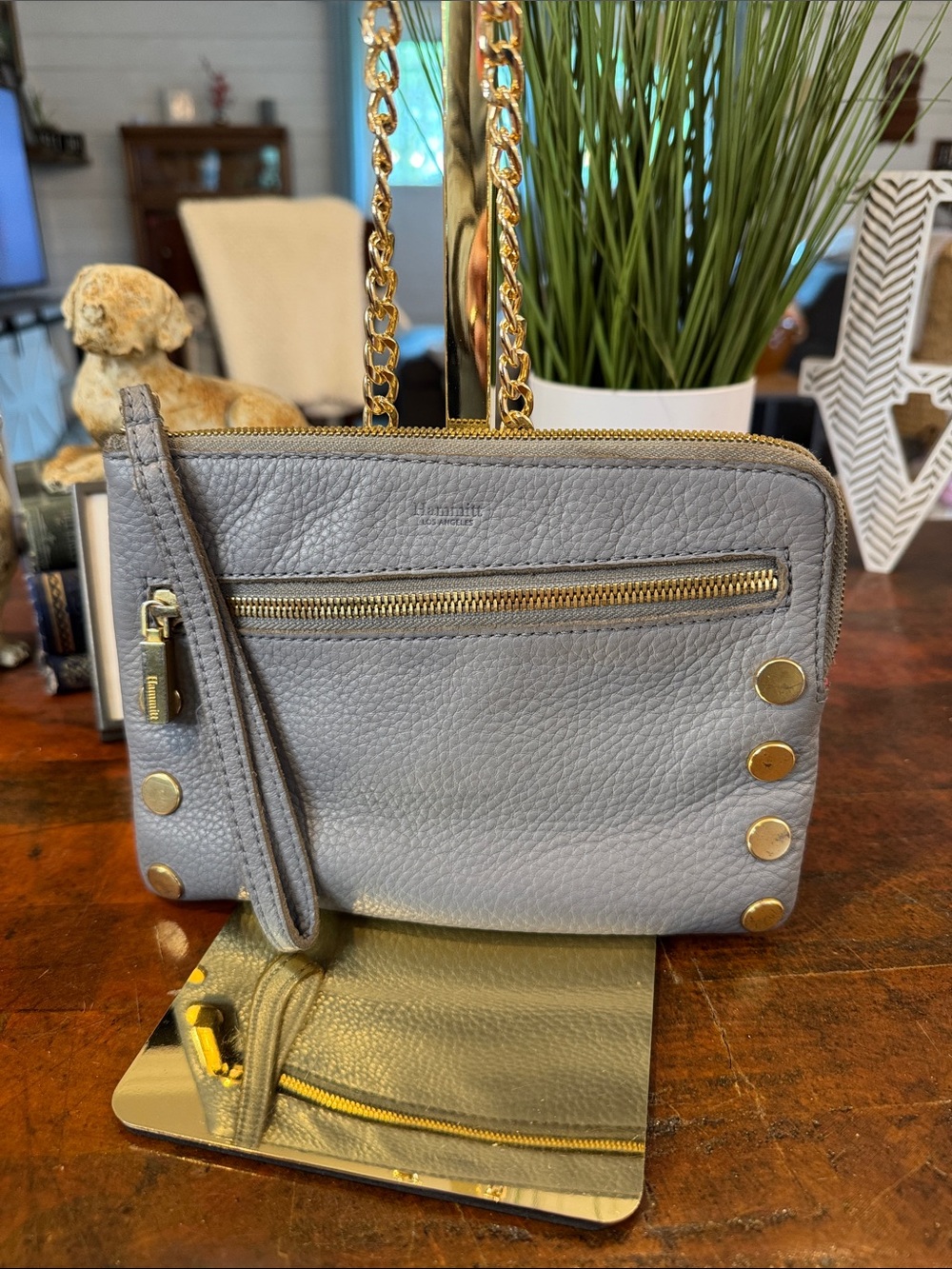 Hammitt Gray Pebbled Leather Crossbody with Gold Studs & Chain